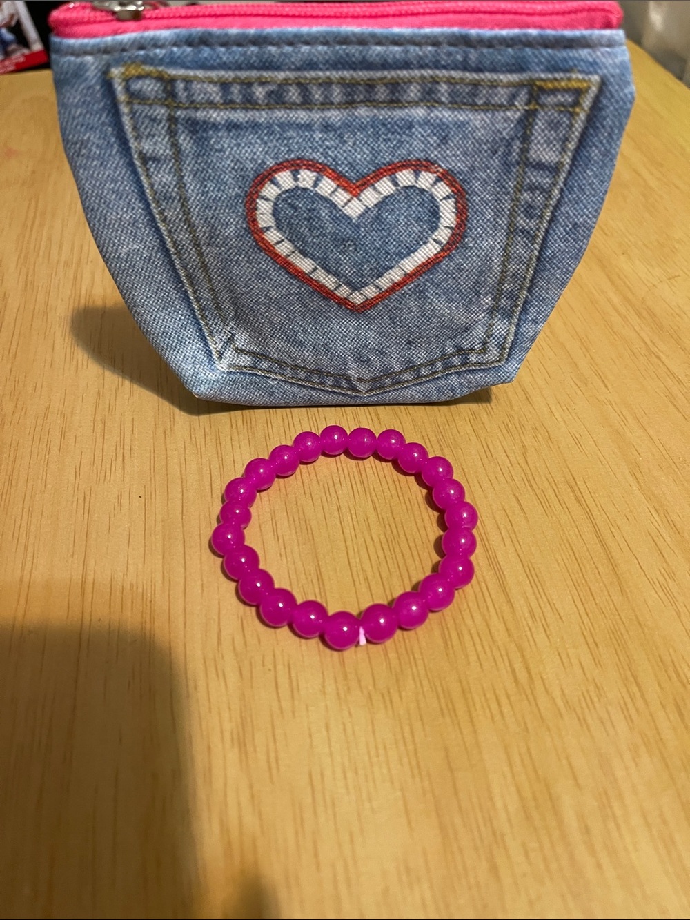 Pink Beaded Stretch Bracelet - and heart coin purse